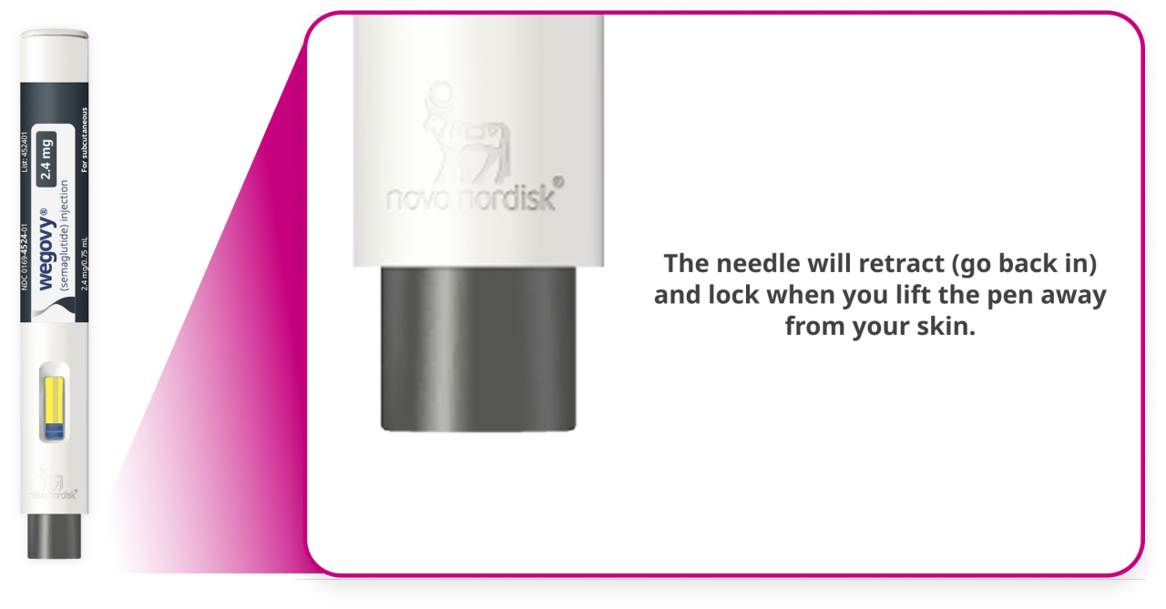 The needle will retract and lock when the pen is pulled away from the skin.