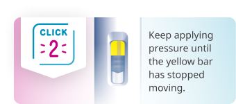A close-up of the pen window during the injection. The yellow bar fills about a third of the pen window.